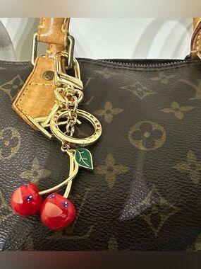 FASHION Red Cherry Bag Charm with Green Leaf and Gold Hardware